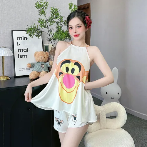 Đồ bộ mặc nhà siêu mát quần đùi latin áo yếm in hình