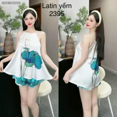 Đồ bộ mặc nhà siêu mát quần đùi latin áo yếm nhiều bông lớn