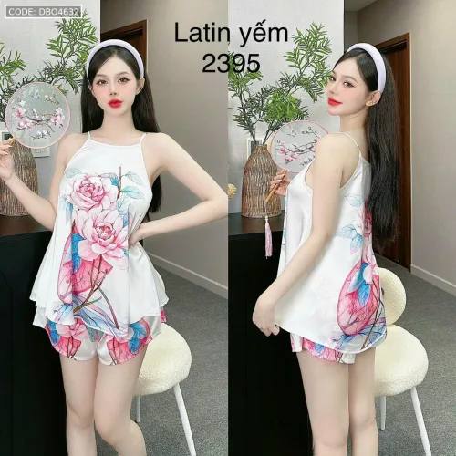 Đồ bộ mặc nhà siêu mát quần đùi latin áo yếm nhiều bông lớn