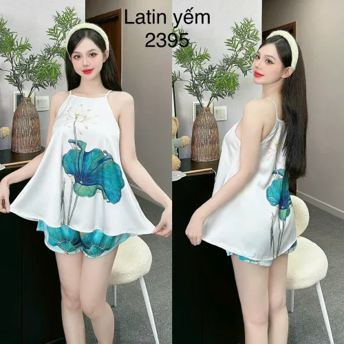 Đồ bộ mặc nhà siêu mát quần đùi latin áo yếm nhiều bông lớn