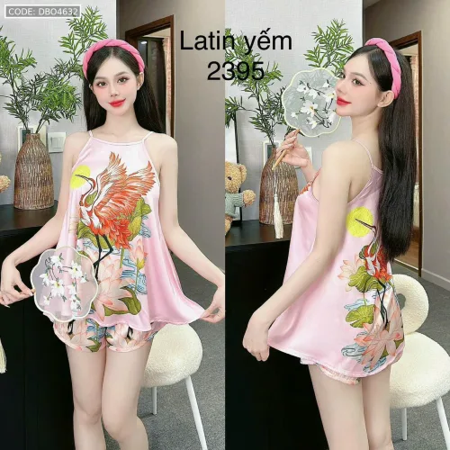 Đồ bộ mặc nhà siêu mát quần đùi latin áo yếm nhiều bông lớn