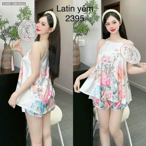 Đồ bộ mặc nhà siêu mát quần đùi latin áo yếm nhiều bông lớn
