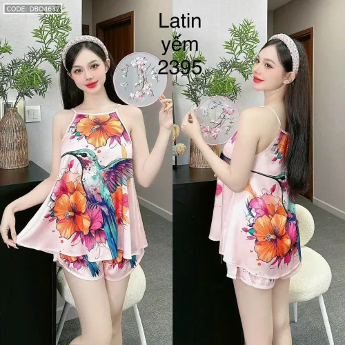 Đồ bộ mặc nhà siêu mát quần đùi latin áo yếm nhiều bông lớn