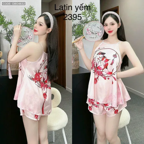 Đồ bộ mặc nhà siêu mát quần đùi latin áo yếm nhiều bông lớn