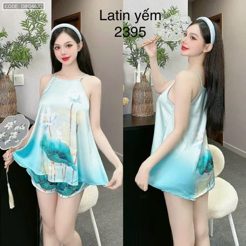 Đồ bộ mặc nhà siêu mát quần đùi latin áo yếm nhiều bông lớn