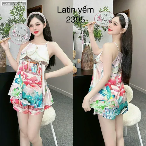 Đồ bộ mặc nhà siêu mát quần đùi latin áo yếm nhiều bông lớn