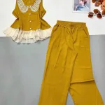 Đồ bộ mango áo ba lỗ cổ bèo ren quần ống rộng
