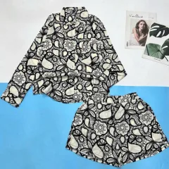 Đồ bộ mango áo sơ mi tay  dài quần đùi nhiều họa tiết