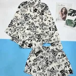 Đồ bộ mango áo sơ mi tay  dài quần đùi nhiều họa tiết