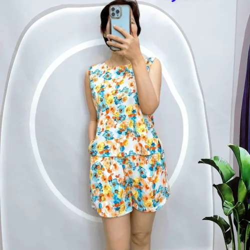 Đồ bộ mango mặc nhà quần đùi áo sát nách in hoa tiết