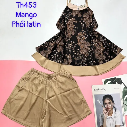 Đồ bộ  mango phối latin quần đùi trơn áo yếm 2 dây 2 tầng