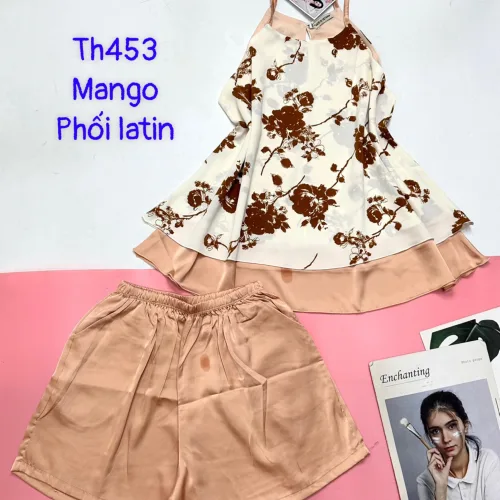 Đồ bộ  mango phối latin quần đùi trơn áo yếm 2 dây 2 tầng
