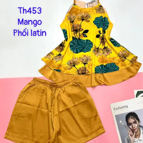 Đồ bộ  mango phối latin quần đùi trơn áo yếm 2 dây 2 tầng