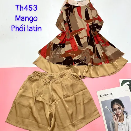 Đồ bộ  mango phối latin quần đùi trơn áo yếm 2 dây 2 tầng