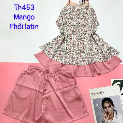 Đồ bộ  mango phối latin quần đùi trơn áo yếm 2 dây 2 tầng