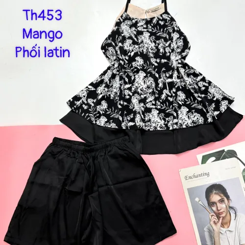 Đồ bộ  mango phối latin quần đùi trơn áo yếm 2 dây 2 tầng
