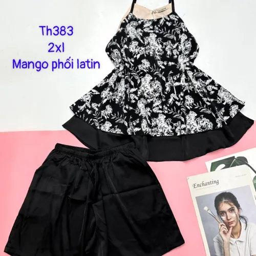 Đồ bộ  mango phối latin quần đùi trơn áo yếm 2 dây form lớn