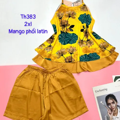 Đồ bộ  mango phối latin quần đùi trơn áo yếm 2 dây form lớn