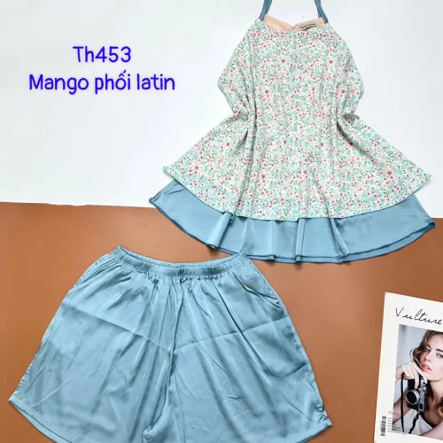 Đồ bộ  mango phối latin quần đùi trơn áo yếm 2 dây nhiều hoạ tiết