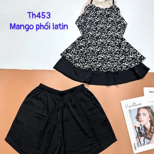 Đồ bộ  mango phối latin quần đùi trơn áo yếm 2 dây nhiều hoạ tiết