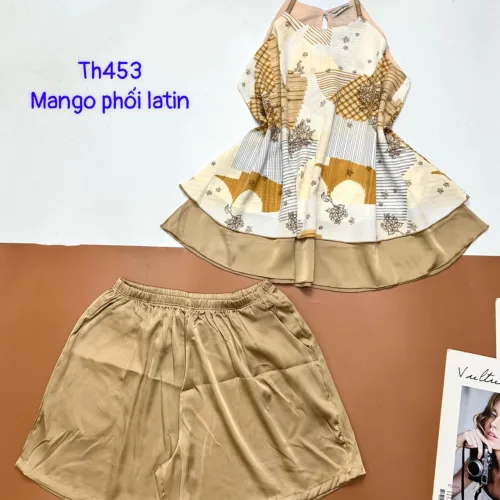 Đồ bộ  mango phối latin quần đùi trơn áo yếm 2 dây nhiều hoạ tiết