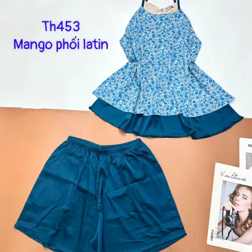 Đồ bộ  mango phối latin quần đùi trơn áo yếm 2 dây nhiều hoạ tiết