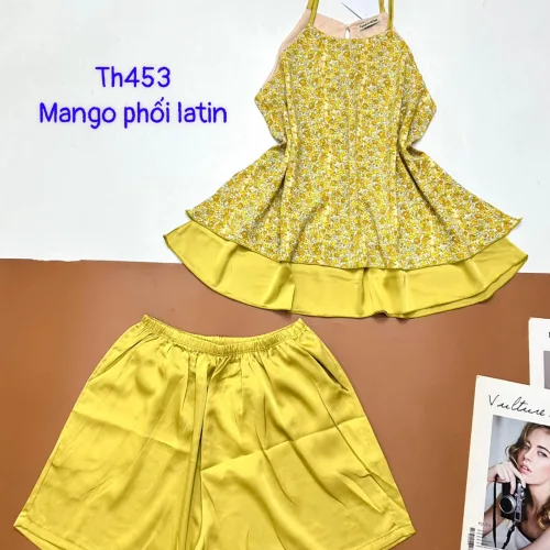 Đồ bộ  mango phối latin quần đùi trơn áo yếm 2 dây nhiều hoạ tiết