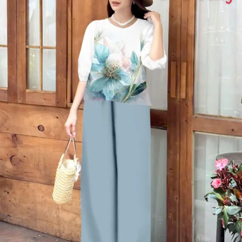 Đồ bộ mango quần dài áo tay phồng nhiều hoa đẹp