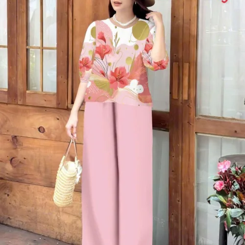Đồ bộ mango quần dài áo tay phồng nhiều hoa đẹp