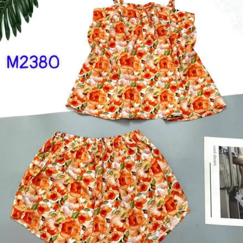 Đồ bộ mango quần đùi áo hai dây có nơ thắt nhỏ hoạ tiết hoa