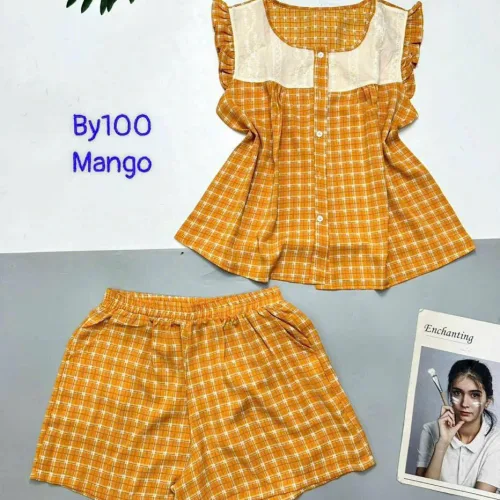 Đồ bộ mango quần đùi caro áo sát nách phối ren