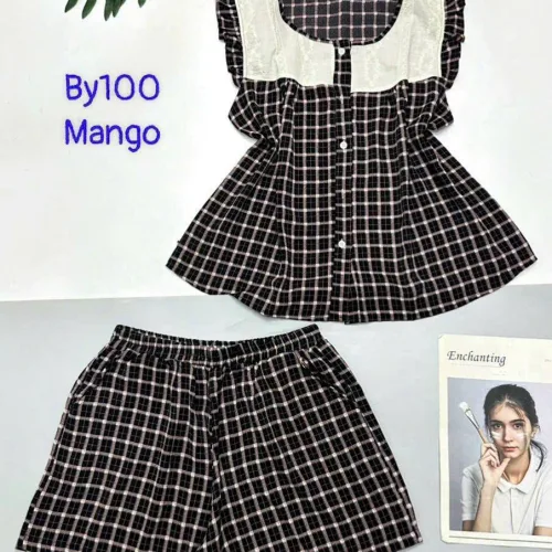 Đồ bộ mango quần đùi caro áo sát nách phối ren