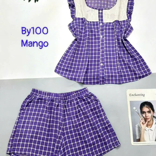 Đồ bộ mango quần đùi caro áo sát nách phối ren