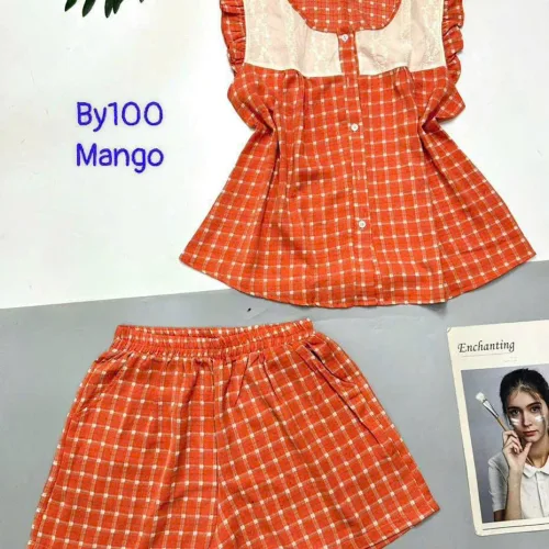 Đồ bộ mango quần đùi caro áo sát nách phối ren