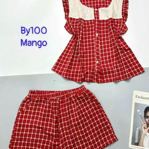 Đồ bộ mango quần đùi caro áo sát nách phối ren