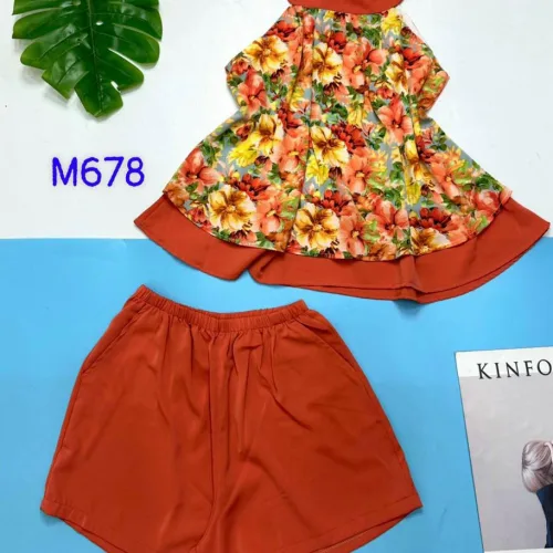 Đồ bộ mango siêu mát quần đùi trơn yếm cổ tròn 2 tầng