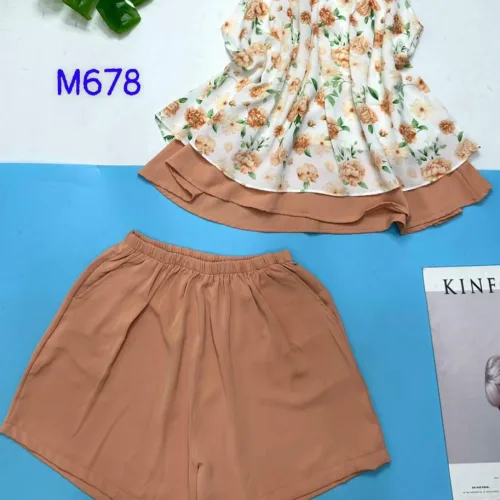 Đồ bộ mango siêu mát quần đùi trơn yếm cổ tròn 2 tầng