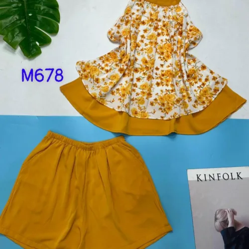 Đồ bộ mango siêu mát quần đùi trơn yếm cổ tròn 2 tầng