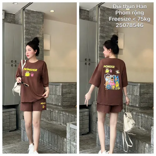 Đồ bộ nữ áo tay ngắn quần Đùi thun hàn co giãn phom rộng <75kg