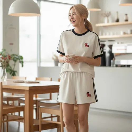 Đồ bộ nữ tay ngắn thêu ngựa đỏ