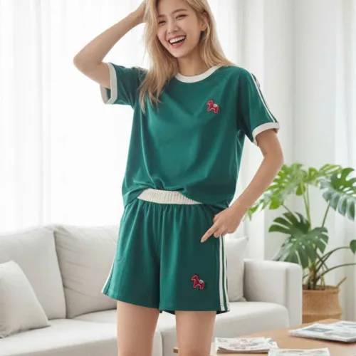 Đồ bộ nữ tay ngắn thêu ngựa đỏ