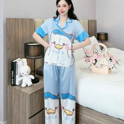Đồ bộ pijama latin mặc nhà quần dài áo tay ngắn cổ bẻ in hoa tiết