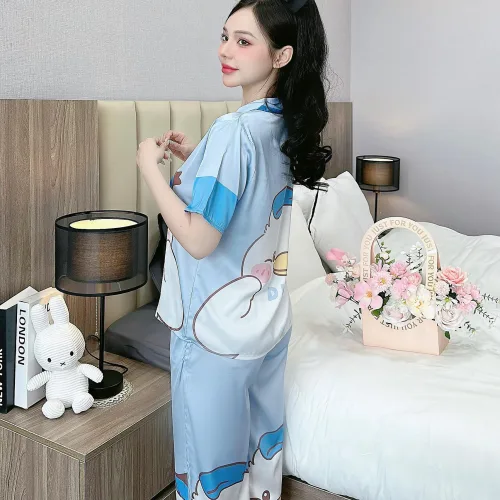 Đồ bộ pijama latin mặc nhà quần dài áo tay ngắn cổ bẻ in hoa tiết
