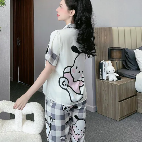 Đồ bộ pijama latin mặc nhà quần dài áo tay ngắn cổ bẻ in hoa tiết