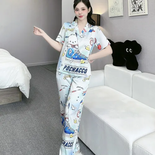 Đồ bộ pijama latin mặc nhà quần dài áo tay ngắn cổ bẻ in hoa tiết