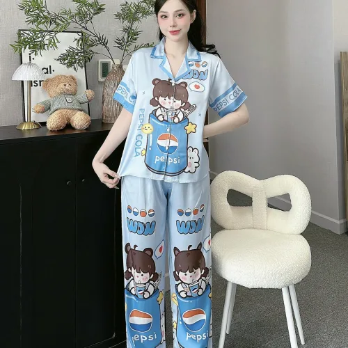 Đồ bộ pijama latin mặc nhà quần dài áo tay ngắn cổ bẻ in hoa tiết