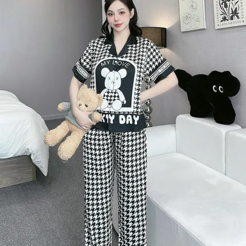 Đồ bộ pijama latin mặc nhà quần dài áo tay ngắn cổ bẻ in hoa tiết