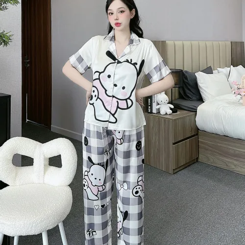 Đồ bộ pijama latin mặc nhà quần dài áo tay ngắn cổ bẻ in hoa tiết