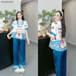 Đồ bộ pijama latin mặc nhà quần dài áo tay ngắn cổ chữ v in hình