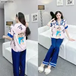 Đồ bộ pijama latin mặc nhà quần dài áo tay ngắn cổ chữ v in hình